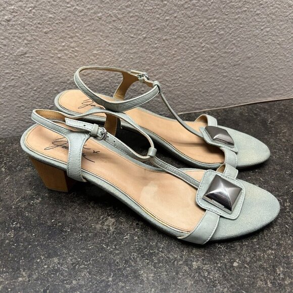 Badgley Mischka Wood Crystal Ankle T Strap Open Toe Heel Size 9 Strappy 90s Y2K - Picture 1 of 9